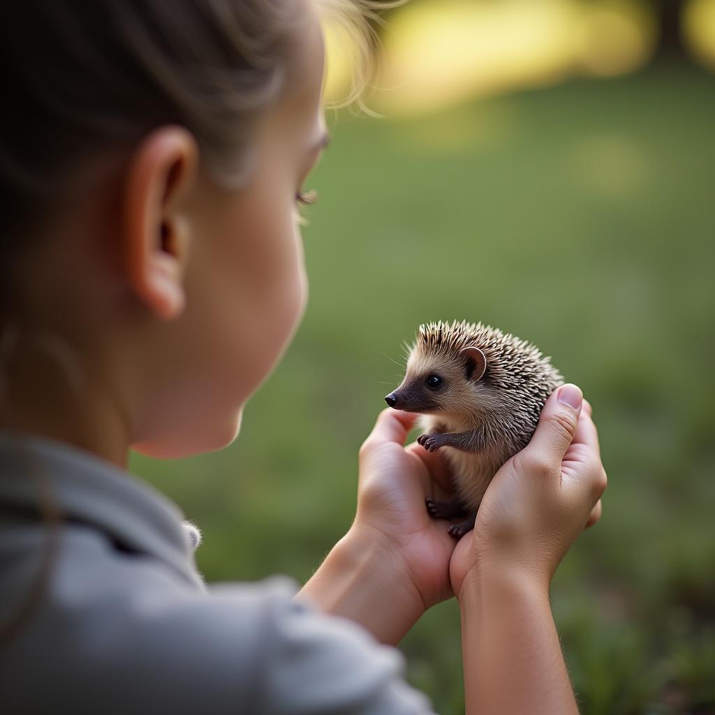  good quality, high quality, the photograph captures a side profile of a person holding a small hedgehog, presenting a moment of quiet contemplation and the nurturing bond between human and animal in an outdoor setting.