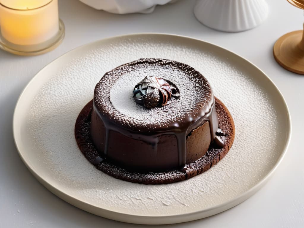  A closeup, ultradetailed photograph of a decadent chocolate lava cake, oozing with a rich molten center and dusted with a delicate sprinkle of powdered sugar. The cake sits on a sleek, modern plate against a stark white backdrop, showcasing its glossy exterior and inviting texture. The warm golden hues of the molten chocolate create a striking contrast against the cool tones of the plate, evoking a sense of indulgence and sophistication. hyperrealistic, full body, detailed clothing, highly detailed, cinematic lighting, stunningly beautiful, intricate, sharp focus, f/1. 8, 85mm, (centered image composition), (professionally color graded), ((bright soft diffused light)), volumetric fog, trending on instagram, trending on tumblr, HDR 4K, 8K