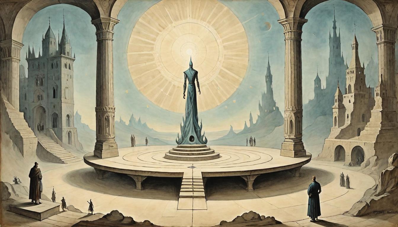  on parchment, surrealism+++, A figure standing on a raised platform, light radiating outward, distant figures shown faintly in the background, larger influence, expansive energy, pervasive presence(mysterious, provocative, symbolic,muted color)+++