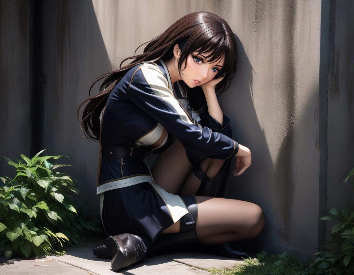  anime artwork A beautiful with dark brown hair is crying, sitting with her head leaning against the wall. She's wearing a velvet , her face has traces of dirt and tears, her arms have steel celets, viewed from above. HD. . anime style, key visual, vint, studio anime, highly detailed hyperrealistic, full body, detailed clothing, highly detailed, cinematic lighting, stunningly beautiful, intricate, sharp focus, f/1. 8, 85mm, (centered image composition), (professionally color graded), ((bright soft diffused light)), volumetric fog, trending on instagram, trending on tumblr, HDR 4K, 8K