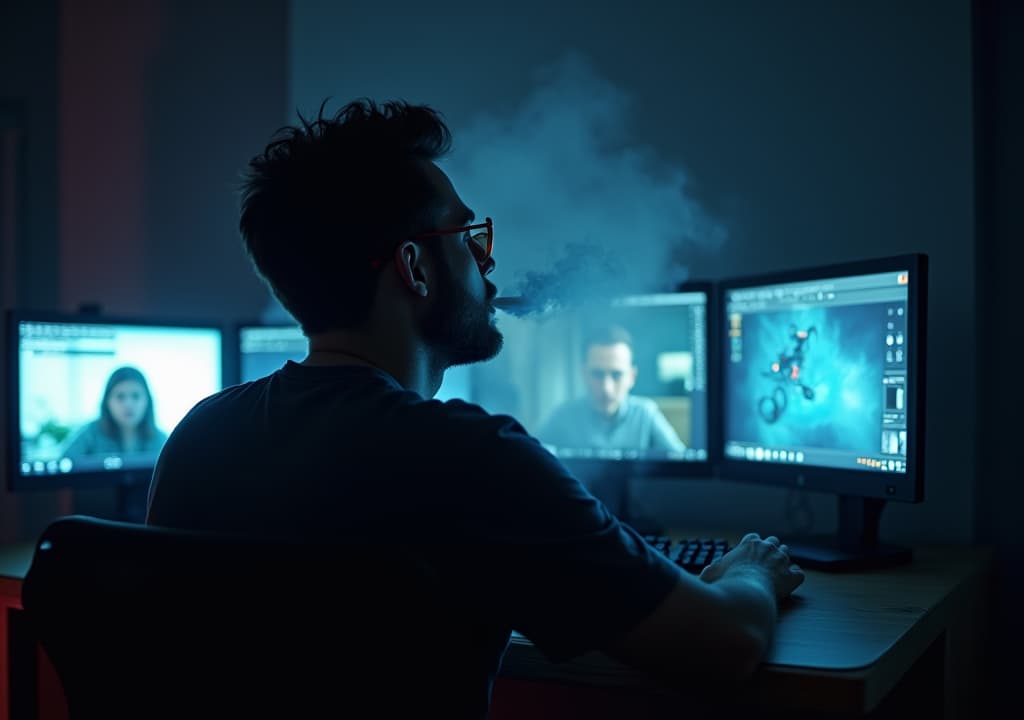  good quality, high quality, a man from his back, smoking and looking at some monitors of his pc, watching people's webcams and other cams, in a very dark room, dystopic colors blurry