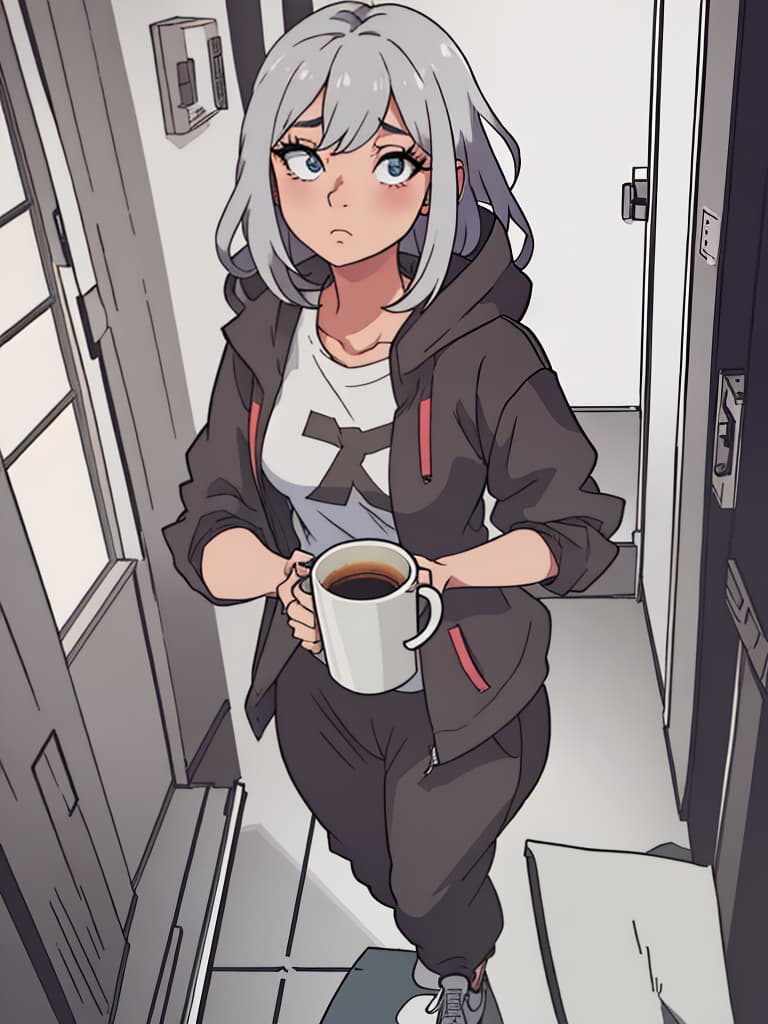  (best quality:0.8) perfect anime portrait illustration, front forward, a woman wearing cozy sweatpants looking tired in the hallway after waking up, holding a small mug of coffee hyperrealistic, full body, detailed clothing, highly detailed, cinematic lighting, stunningly beautiful, intricate, sharp focus, f/1. 8, 85mm, (centered image composition), (professionally color graded), ((bright soft diffused light)), volumetric fog, trending on instagram, trending on tumblr, HDR 4K, 8K