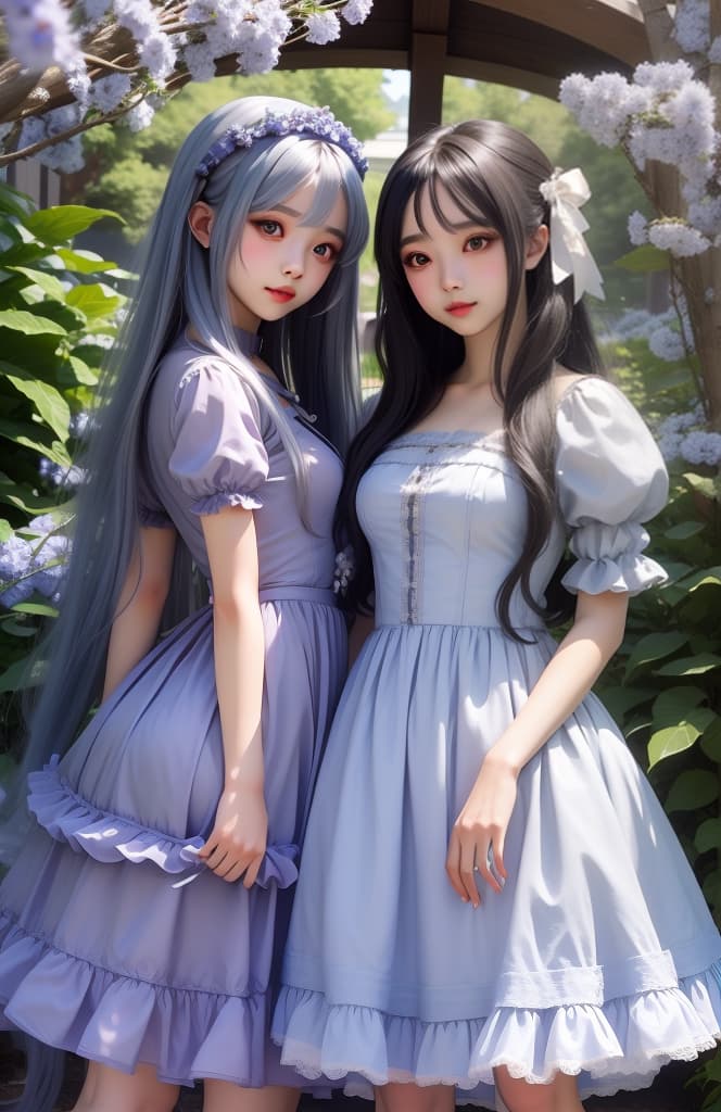 masterpiece, best quality, expressive eyes, perfect face, Create a close up photograph of cute young and her friend pose a fashion magazine model in the forget me not flowers garden, the dressing in an luxury violet ta lace dress with super long white hair, her friend dressing in a cute boy look by wearing violet shirt for men and slack pants wtih long black hair, surrounded by erflies, bubbles flowing, forget me not flowers, shining backlit, REALISTIC, low angle view, RAW style, Violet Theme,good proportion,award winning composition,high quality,masterpiece,extremely detailed,high res,4k,ultra high res,detailed shadow