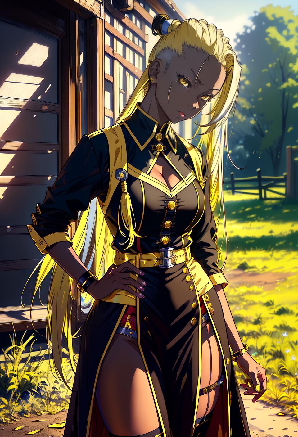  ((trending, highres, masterpiece, cinematic shot)), 1girl, young, female aristocrat, country scene, long straight yellow hair, mohawk hairstyle,  yellow eyes, personality, mischievous expression, dark skin, magical, observant