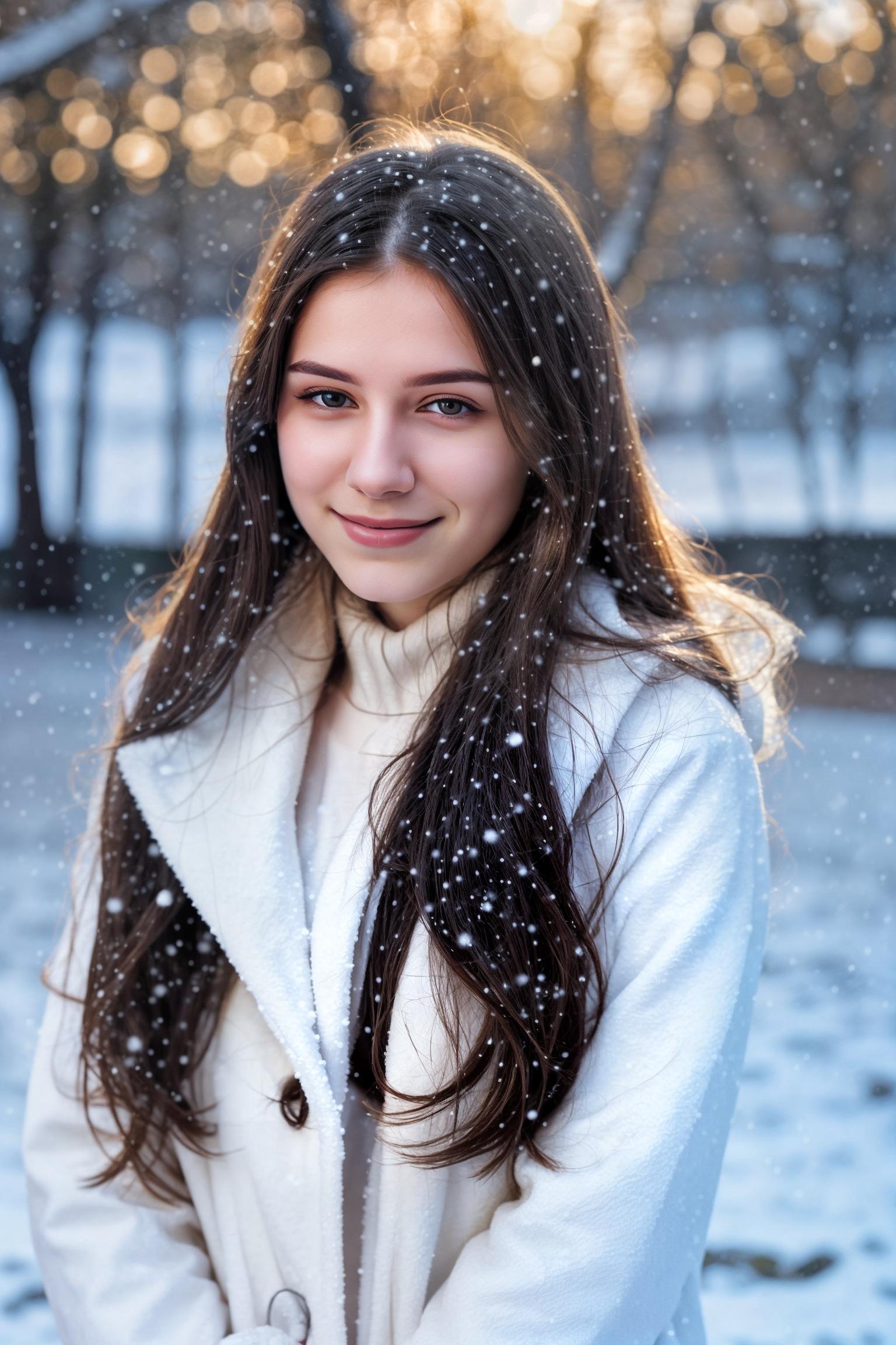  woman posing, 20yo, winter, outdoors, suggestive smile, dark long hair, pale skin, sunset, snow, snowing, ((masterpiece)), ((Realistic Vision)),((fine details)), RAW, 8K, UHD, natural lighting, perfect day, <lora:add detail:0.5>