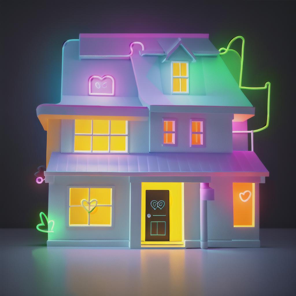  masterpiece, best quality, undetailed one-line drawing neon illustration style, very simple undetailed neon house with a heart drawing, neon details only, no background images,few details, all captured in stunning 8k resolution, bright colors, dark background