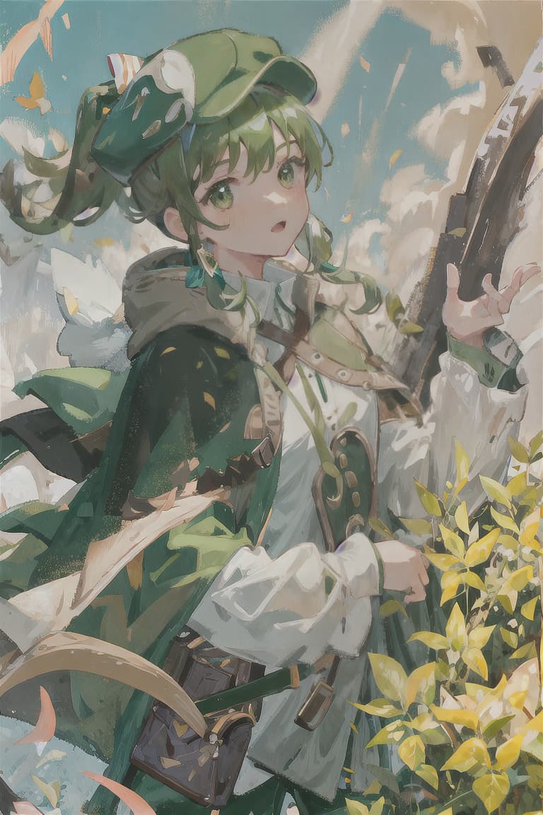  master piece , best quality,Green hair, ponytail, brown hat, hunter, bowman, olive cape