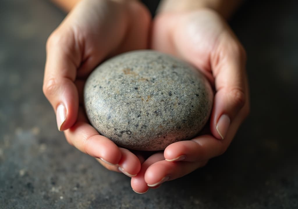  good quality, high quality, close up of a person's hand holding a smooth stone, showcasing the contrast between the skin and the stone's texture. the background is minimal to highlight the hand and stone