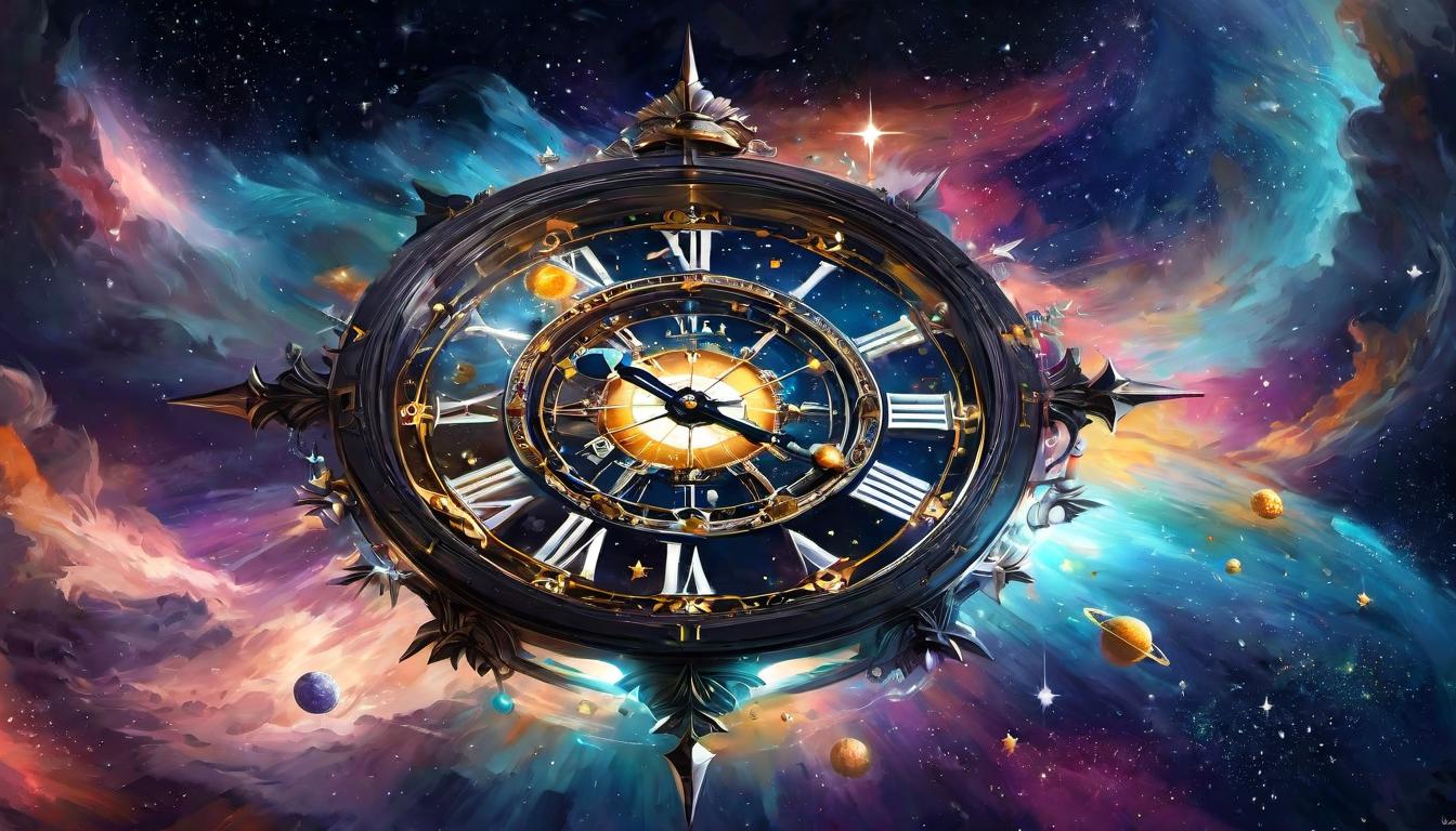  digital painting of Celestial clock with intricate details, time melting away, universe shifting, stars moving. significant, grand, timeless looking at viewer, dynamic pose, (intricate details, masterpiece, best quality)