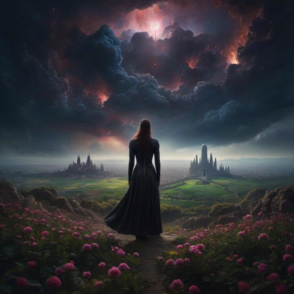  (stylized by Tomasz Alen Kopera:1.3) , dark art, dense flower field and Perseid meteor in background, landscape of a (Barcelona:1.2) , very Bizarre and 1600'S, Hurricane, Glitchcore, Amaro, layered textures, ornate, intricate artistic color, complimentary colors, very inspirational, atmosphere, fine artistic composition, sunny, theatrical hyperrealistic, full body, detailed clothing, highly detailed, cinematic lighting, stunningly beautiful, intricate, sharp focus, f/1. 8, 85mm, (centered image composition), (professionally color graded), ((bright soft diffused light)), volumetric fog, trending on instagram, trending on tumblr, HDR 4K, 8K