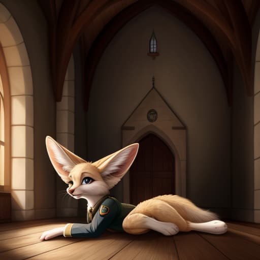  Solo, fennec, WW2 german SS uniform, female, lying, floor, castle, spreading legs, side view, short, armed, open eyes, digital art, masterpiece, 4k, fine details,