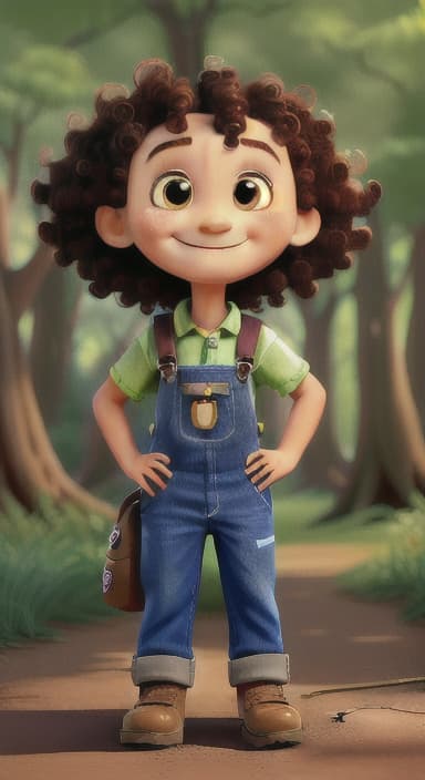  {The tree with a smiling face formed by its bark, looking down at Riley., Riley, a curious with big brown eyes and curly hair, wearing overalls and carrying a small backpack. Their friend, Skye, a bluebird with shiny feathers.