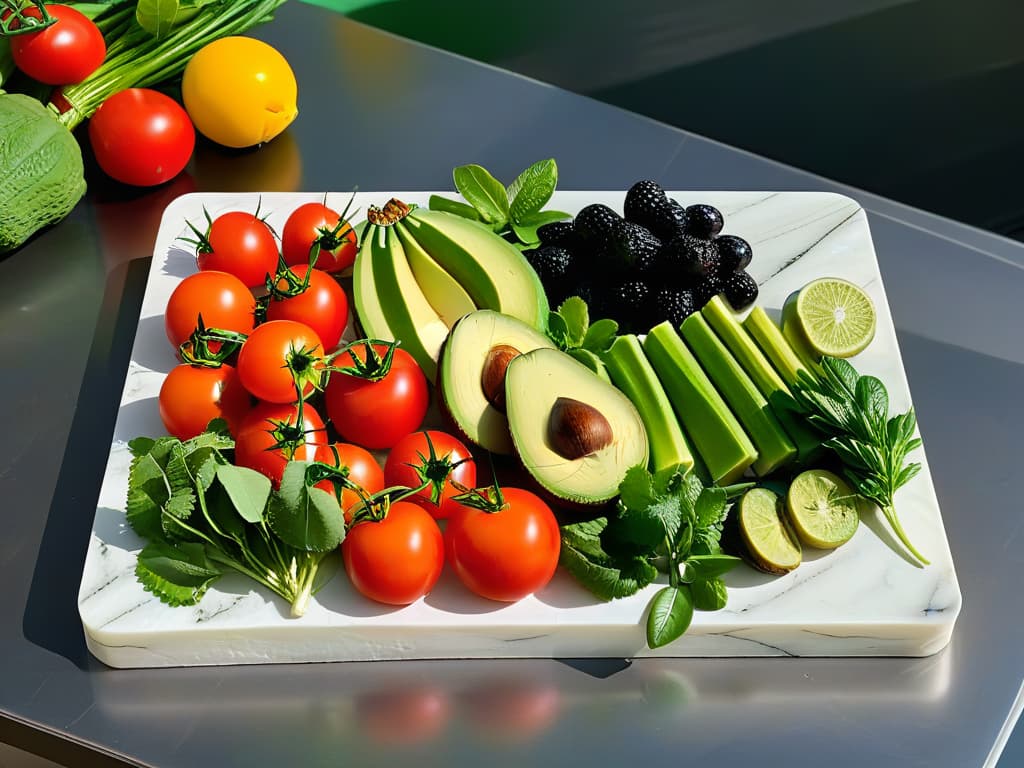  An ultrahighresolution image of a pristine, white marble countertop elegantly adorned with an array of colorful, fresh fruits and vegetables, including vibrant berries, leafy greens, ripe avocados, and juicy tomatoes. The natural light cascades gently over the produce, highlighting their textures and colors, creating a visually striking and appetizing composition that embodies the essence of fresh, wholesome ingredients for vegan and glutenfree baking. hyperrealistic, full body, detailed clothing, highly detailed, cinematic lighting, stunningly beautiful, intricate, sharp focus, f/1. 8, 85mm, (centered image composition), (professionally color graded), ((bright soft diffused light)), volumetric fog, trending on instagram, trending on tumblr, HDR 4K, 8K