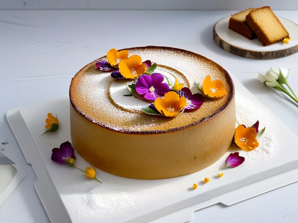  A closeup, ultradetailed image of a goldenbrown, freshly baked vegan chickpea flour cake, adorned with delicate edible flowers and a dusting of powdered sugar. The cake sits on a sleek, modern marble serving platter, exuding an elegant and enticing appeal. The texture of the cake is rich and moist, with visible specks of vanilla bean. The background is softly blurred, enhancing the focus on the intricate details of the dessert, creating a visually stunning and appetizing minimalist composition. hyperrealistic, full body, detailed clothing, highly detailed, cinematic lighting, stunningly beautiful, intricate, sharp focus, f/1. 8, 85mm, (centered image composition), (professionally color graded), ((bright soft diffused light)), volumetric fog, trending on instagram, trending on tumblr, HDR 4K, 8K