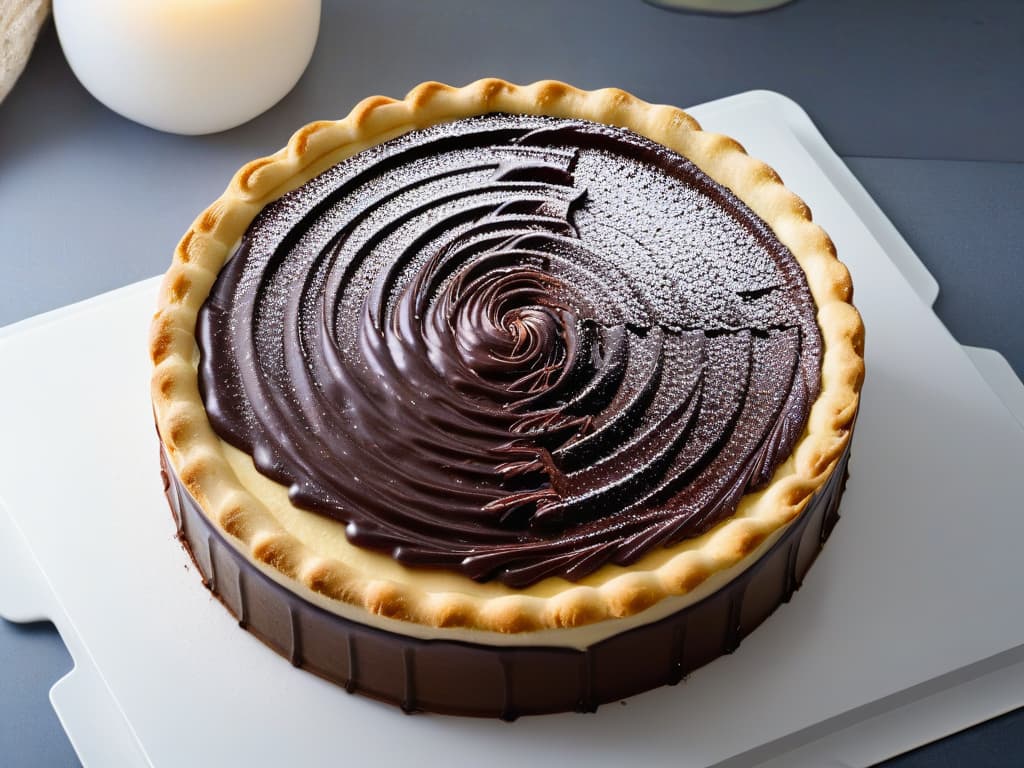  A closeup, ultradetailed image of a freshly baked Neenish Tart on a sleek, modern, white plate. The tart is perfectly goldenbrown, topped with a smooth layer of chocolate icing divided into two halves by a neat line of white icing. The surface of the tart is dusted with a light sprinkling of fine cocoa powder, highlighting the contrasting colors of the icing. The plate rests on a clean, minimalist tabletop, enhancing the visual appeal of the delicious treat. hyperrealistic, full body, detailed clothing, highly detailed, cinematic lighting, stunningly beautiful, intricate, sharp focus, f/1. 8, 85mm, (centered image composition), (professionally color graded), ((bright soft diffused light)), volumetric fog, trending on instagram, trending on tumblr, HDR 4K, 8K