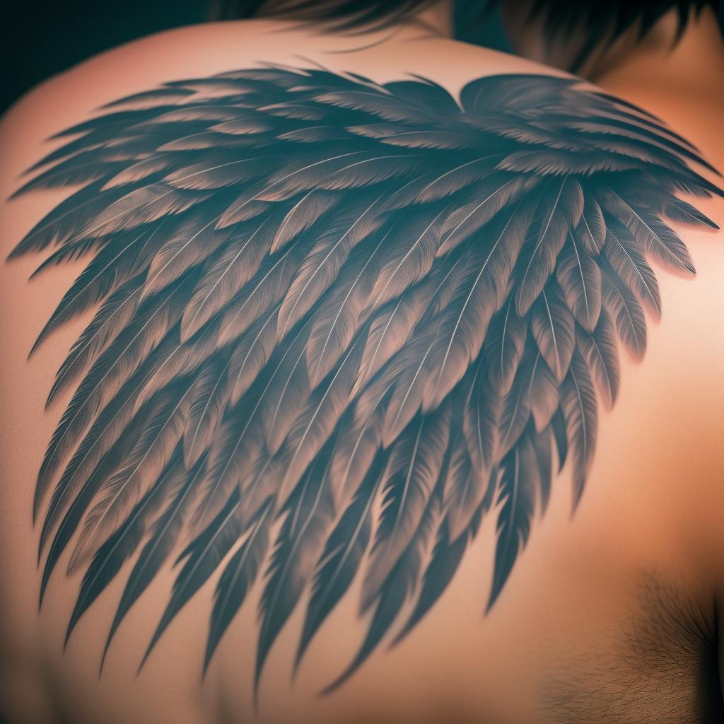  wolf head silhouette forming inside of crow feathers of a outstretched crow body back tattoo, (high detailed skin:1.2), 8k uhd, dslr, soft lighting, high quality, film grain, Fujifilm XT3 hyperrealistic, full body, detailed clothing, highly detailed, cinematic lighting, stunningly beautiful, intricate, sharp focus, f/1. 8, 85mm, (centered image composition), (professionally color graded), ((bright soft diffused light)), volumetric fog, trending on instagram, trending on tumblr, HDR 4K, 8K