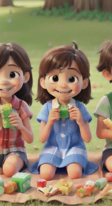  {Kids sitting around a picnic blanket, enjoying juice boxes and snacks., Children happily eating snacks, with crumbs on their faces and big smiles.