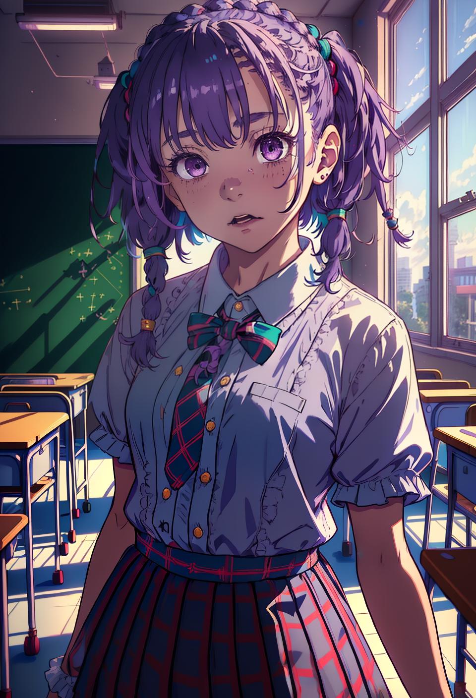  ((trending, highres, masterpiece, cinematic shot)), 1girl, young, female clown outfit, classroom scene, short straight purple hair, dreadlocks, large aqua eyes, doting personality, worried expression, grey skin, lively, energetic