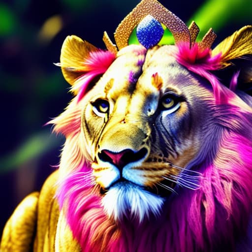  lion full crown king Tropical Paradise, Vivid Color Vibrancy, Ethereal Elegance hyperrealistic, full body, detailed clothing, highly detailed, cinematic lighting, stunningly beautiful, intricate, sharp focus, f/1. 8, 85mm, (centered image composition), (professionally color graded), ((bright soft diffused light)), volumetric fog, trending on instagram, trending on tumblr, HDR 4K, 8K