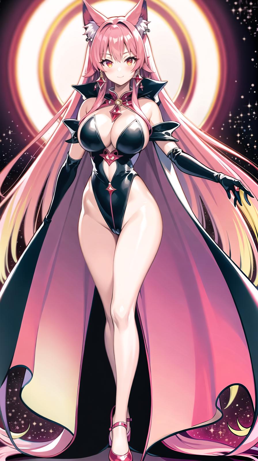  master piece , best quality,Long cape, huge ribbon, leotard, gloves, jewelry, earrings, wings of light, red costume, long two side up hair, pink hair color, wolf tail, beautiful with wolf ears, big s, magic hat, magic wand, growth transformation, full body