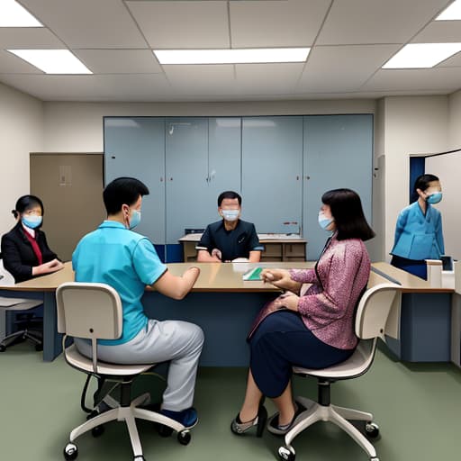  Inside the outpatient clinic three people sit around a desk. A male Chinese physician (35) sits opposite his male patient (45) and his wife.