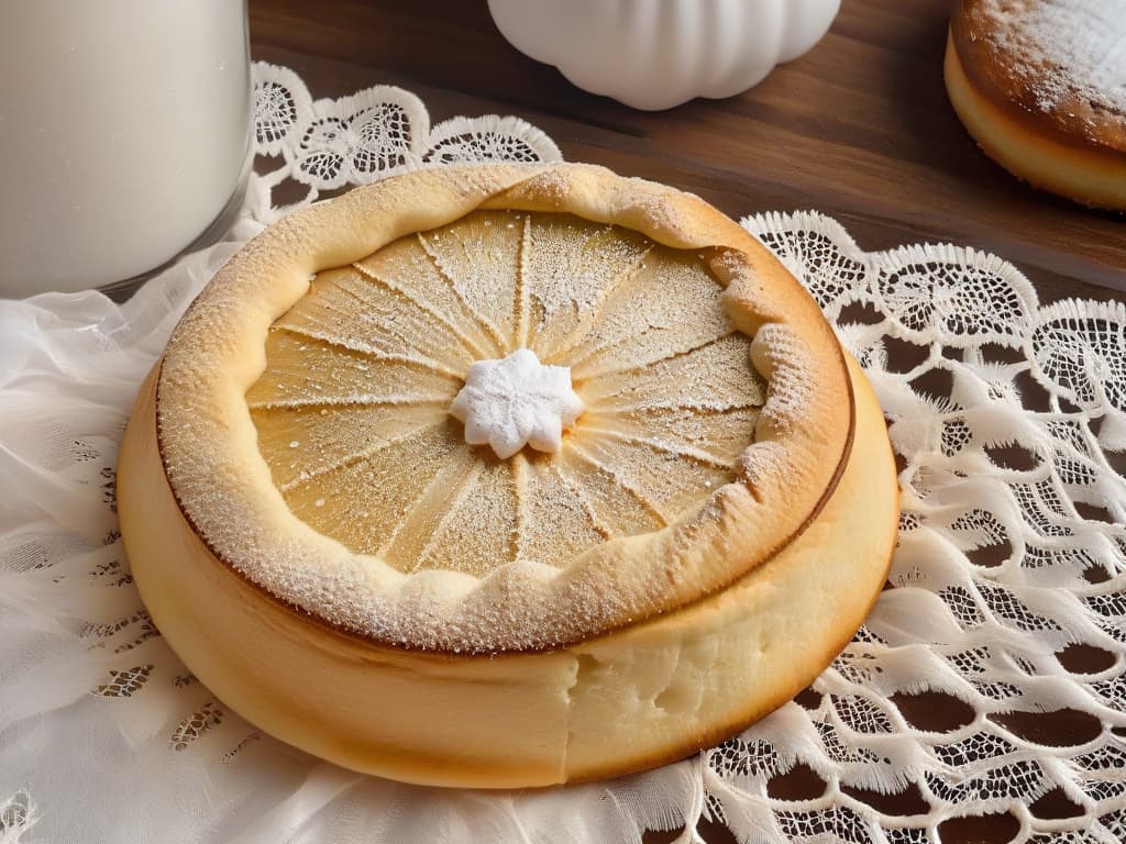  A closeup, ultradetailed image of a perfectly goldenbrown, crumbly Danish butter cookie, dusted with a light sprinkle of powdered sugar, resting on a delicate lace doily on a rustic wooden table. The cookie features intricate imprints of traditional Danish designs, exuding a warm, homemade charm that captures the essence of European traditional cookie recipes. hyperrealistic, full body, detailed clothing, highly detailed, cinematic lighting, stunningly beautiful, intricate, sharp focus, f/1. 8, 85mm, (centered image composition), (professionally color graded), ((bright soft diffused light)), volumetric fog, trending on instagram, trending on tumblr, HDR 4K, 8K