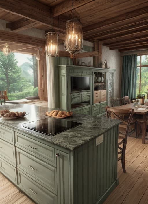  nature interior design with touch of sage green and vintage detailing. wood, light colors, clear lines , HQ, Hightly detailed, 4k