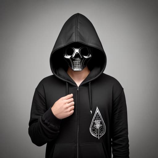  A guy that is wearing a black hoodie and has an ace of spades on his jacket and has his face covered