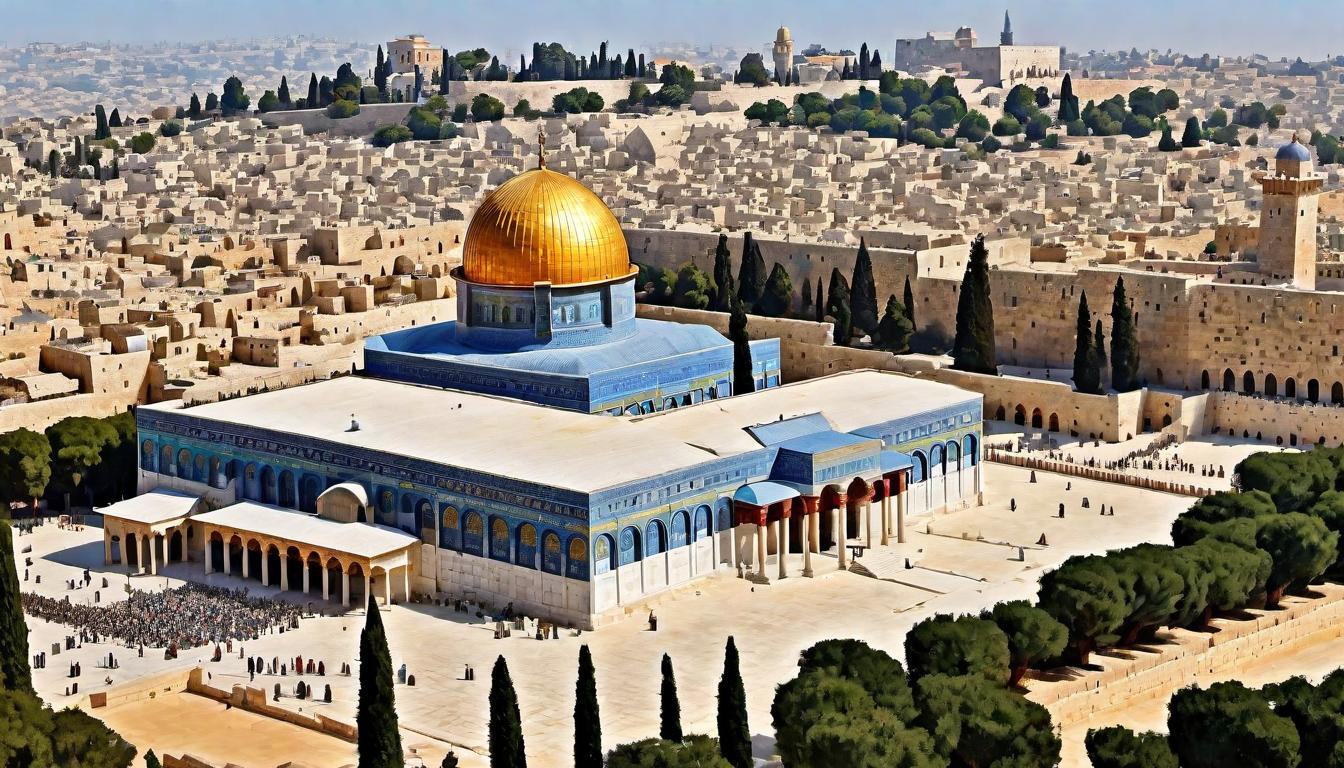  digital painting of Temple Mount and the Dome of the Rock viewed from afar, sun casting shadows over the biblical architecture, basking in historical and spiritual significance, timeless, revered, legacy of Solomon. looking at viewer, dynamic pose, (intricate details, masterpiece, best quality)