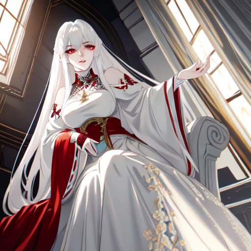  a girl manhua character with white hair and red eyes with white skin wearing noble dress and siting on the throne hyperrealistic, full body, detailed clothing, highly detailed, cinematic lighting, stunningly beautiful, intricate, sharp focus, f/1. 8, 85mm, (centered image composition), (professionally color graded), ((bright soft diffused light)), volumetric fog, trending on instagram, trending on tumblr, HDR 4K, 8K