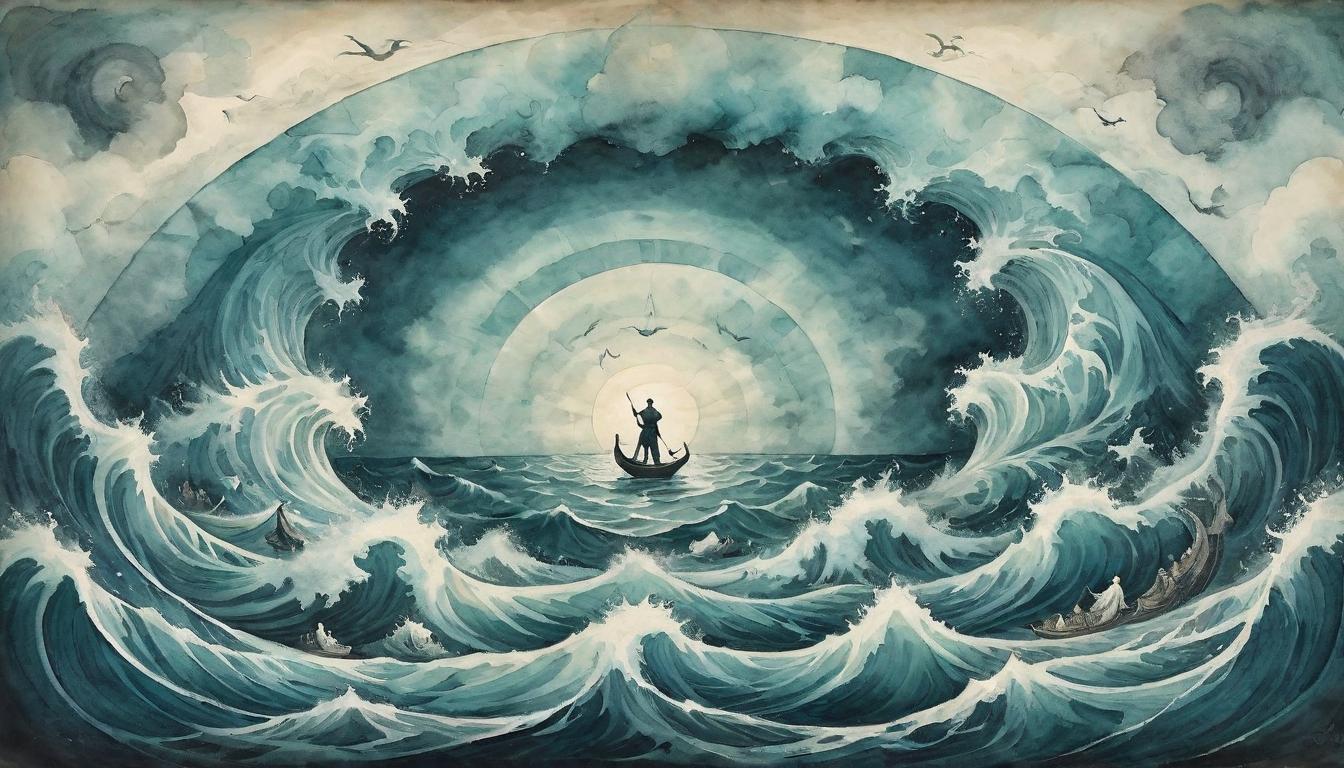  on parchment, surrealism+++, A figure at the center of a circle of people, radiating calm in a turbulent sea, drawing others not by wealth but by profound understanding and tranquility of spirit, beacon of serenity, anchor in the storm.(mysterious, provocative, symbolic,muted color)+++