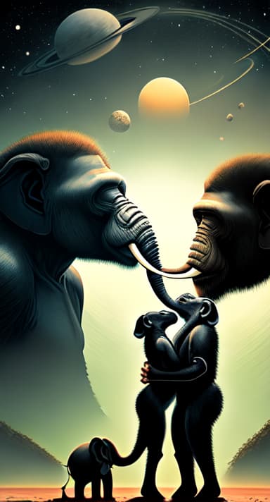  apes and elephants kissing on a foreign planet