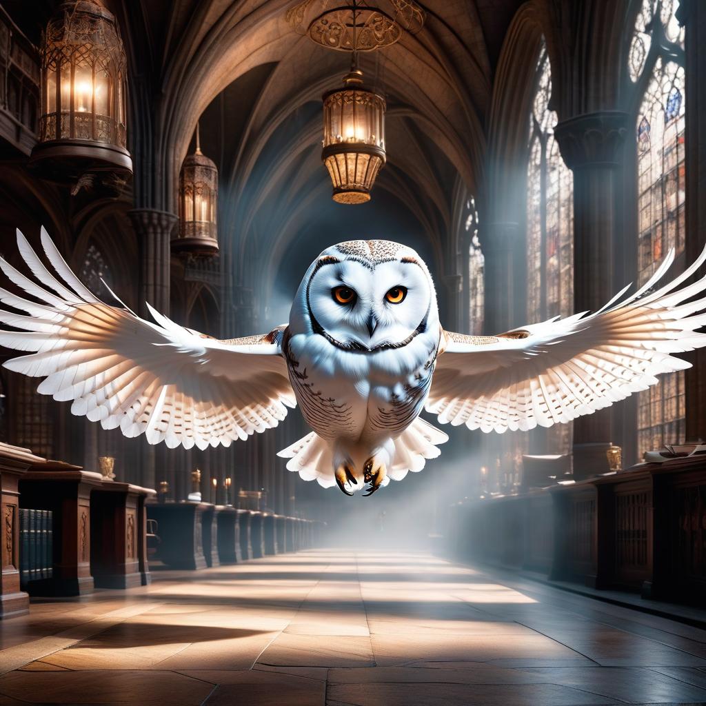  A white owl from Hogwarts is flying with an envelope. The envelope with a stamp is held in its claws. In the background, the school. hyperrealistic, full body, detailed clothing, highly detailed, cinematic lighting, stunningly beautiful, intricate, sharp focus, f/1. 8, 85mm, (centered image composition), (professionally color graded), ((bright soft diffused light)), volumetric fog, trending on instagram, trending on tumblr, HDR 4K, 8K