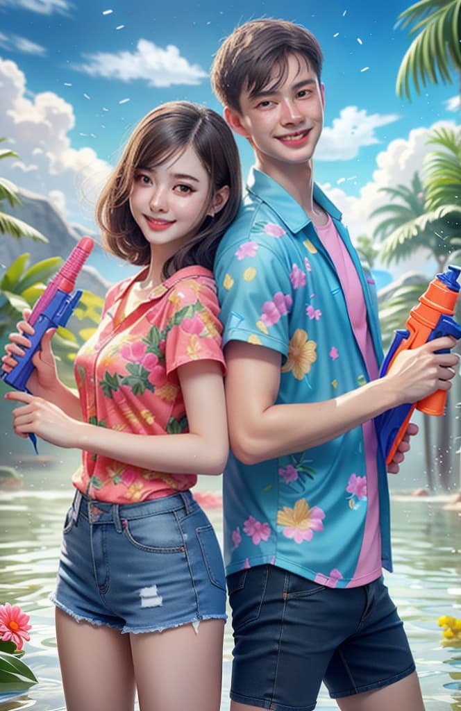  realistic photo of one smiling student and one smiling student boy in colorful hawaii shirt ,all both holding a small Water Gun , wearing white sport shoes , in Songkran Festival Thailand , standing back to back each other, drop water all , Festival gadgets, water around splashed, sky, cloud, Songkran Festival background. , Hi Resolution. Details and sharpness of the highest quality. hyperrealistic, full body, detailed clothing, highly detailed, cinematic lighting, stunningly beautiful, intricate, sharp focus, f/1. 8, 85mm, (centered image composition), (professionally color graded), ((bright soft diffused light)), volumetric fog, trending on instagram, trending on tumblr, HDR 4K, 8K