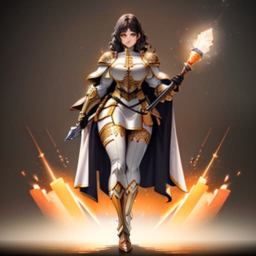  A thick and very short woman, curly black hair and brown eyes, a priest of the light, dressed in a light armor with a shield and a mace, rosy cheeks, carrot like nose., Character, Full body, Concept design, Sheet, Ultra wide view, Ultra detailed hyperrealistic, full body, detailed clothing, highly detailed, cinematic lighting, stunningly beautiful, intricate, sharp focus, f/1. 8, 85mm, (centered image composition), (professionally color graded), ((bright soft diffused light)), volumetric fog, trending on instagram, trending on tumblr, HDR 4K, 8K