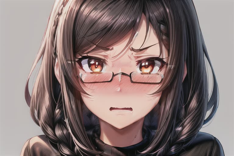  (((SFW))), detailed illustration of a woman, ((((flustered)))), ((((nose blush)))), ((comical)), ((((funny)))), ((face closeup)), ((masterpiece)), highres, absurdres, ultra detailed, HD, 8K, wallpaper, ((jet black hair)), (((double braided hairstyle))), ((brown eyes)), ((perfect eyes)), prominent pupils, detailed eyes, detailed nose, detailed mouth, detailed hair, (((simple background))), (((rectangular glasses with black frame))), (large breasts), ((brown sweater)), embarassed expression, expressive eyes, ((perfect eyes)), (nice hands), simple background, (fine detail), prominent outline, sharp nose, (perfect eyes), expressive eyes, shiny lens, ((HD))