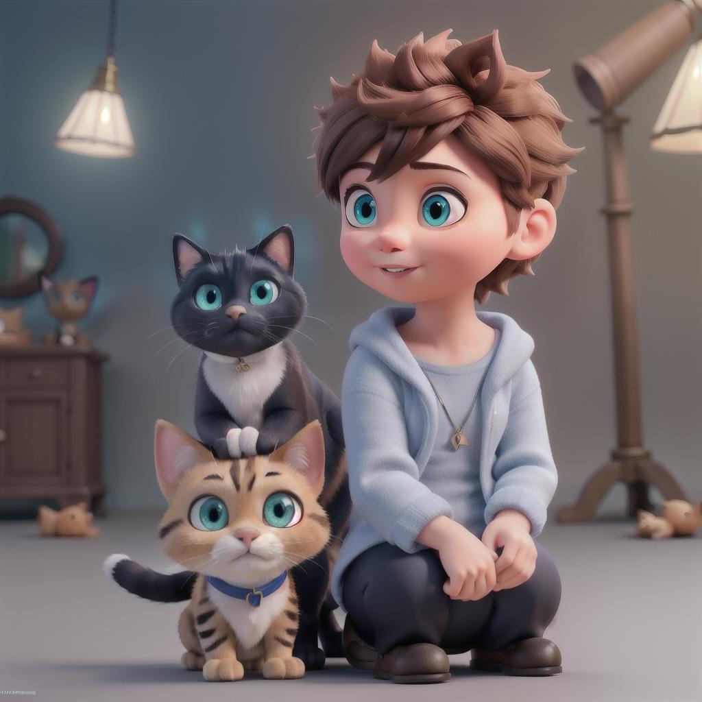  Disney baby boy with brown hair and blue eyes sitting with a fat black cat and a ginger and white cat hyperrealistic, full body, detailed clothing, highly detailed, cinematic lighting, stunningly beautiful, intricate, sharp focus, f/1. 8, 85mm, (centered image composition), (professionally color graded), ((bright soft diffused light)), volumetric fog, trending on instagram, trending on tumblr, HDR 4K, 8K