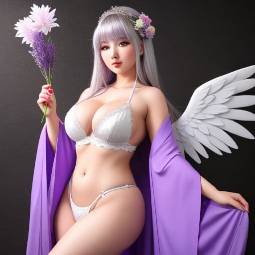  voluptuous female angel,  long silver hair, purple eyes, white and purple kimono