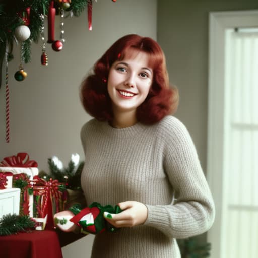  color photo of a smiling woman putting up Christmas decorations
