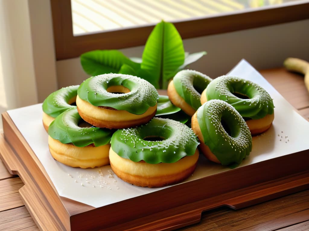  An intricate closeup of freshly baked Mandazi donuts with a goldenbrown crust, dusted with a light sprinkle of cinnamon and sugar, resting on a rustic wooden platter lined with vibrant green banana leaves. The sunlight filters through a nearby window, casting a soft, warm glow on the donuts, highlighting their fluffy texture and delicate, slightly crispy exterior. The donuts are arranged artfully, showcasing their unique shapes and inviting the viewer to indulge in their fragrant, spiced aroma. hyperrealistic, full body, detailed clothing, highly detailed, cinematic lighting, stunningly beautiful, intricate, sharp focus, f/1. 8, 85mm, (centered image composition), (professionally color graded), ((bright soft diffused light)), volumetric fog, trending on instagram, trending on tumblr, HDR 4K, 8K