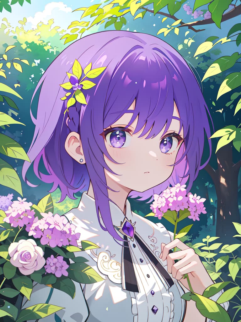  A mixture of greenery and purple hair, masterpiece, best quality,8k,ultra detailed,high resolution,an extremely delicate and beautiful,hyper detail