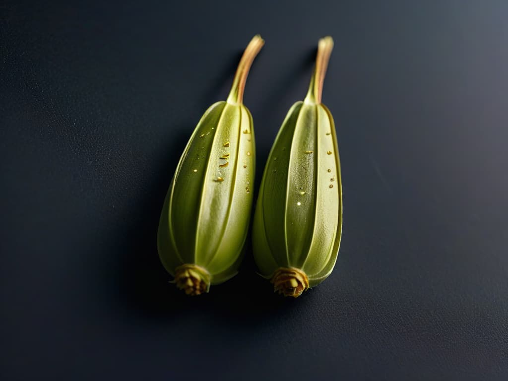  An ultradetailed closeup image of a delicate vanilla bean pod split open, showcasing the tiny, aromatic seeds inside against a dark, textured background. The image captures the intricate details of the pod's surface and the tiny seeds, highlighting the natural beauty and essence of this key ingredient in pastry aromatization. hyperrealistic, full body, detailed clothing, highly detailed, cinematic lighting, stunningly beautiful, intricate, sharp focus, f/1. 8, 85mm, (centered image composition), (professionally color graded), ((bright soft diffused light)), volumetric fog, trending on instagram, trending on tumblr, HDR 4K, 8K