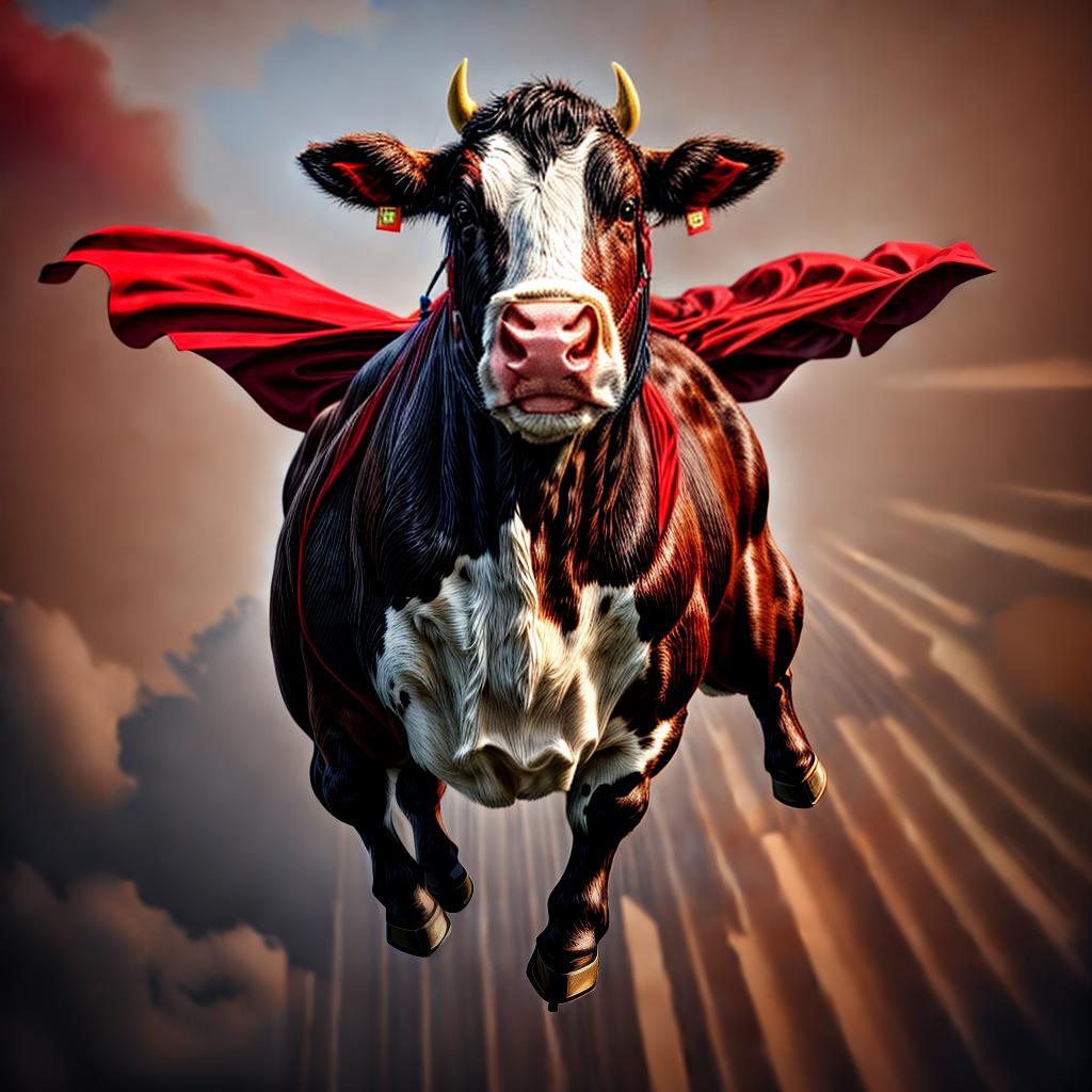  swiss super cow, flying, brown, superman cape in red, best quality, masterpiece