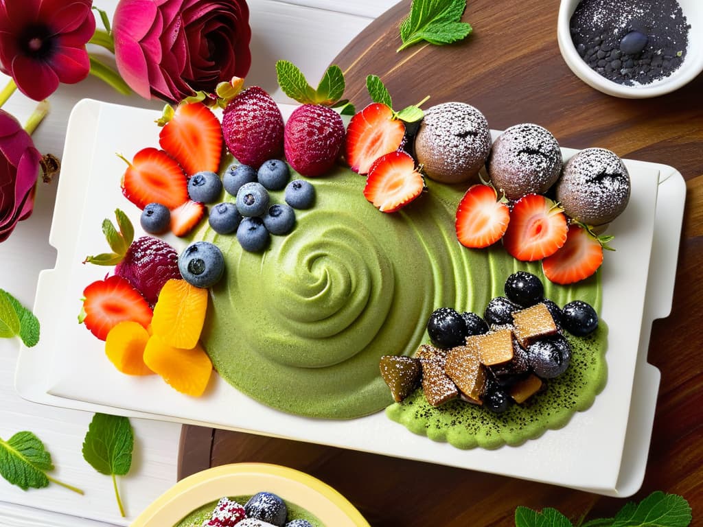  An ultradetailed 8k image of a vibrant, intricately designed superfood dessert platter featuring colorful açai bowls, chia seed pudding, matcha green tea cakes, and antioxidantrich berry tarts, set against a clean, white background. Each dessert is meticulously garnished with fresh fruits, edible flowers, and superfood powders, showcasing a perfect balance of taste, nutrition, and aesthetic appeal in sustainable baking. hyperrealistic, full body, detailed clothing, highly detailed, cinematic lighting, stunningly beautiful, intricate, sharp focus, f/1. 8, 85mm, (centered image composition), (professionally color graded), ((bright soft diffused light)), volumetric fog, trending on instagram, trending on tumblr, HDR 4K, 8K