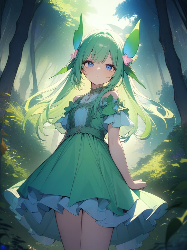  Fairy, hair,blue eyes,green dress,beautiful,beautiful ,cute,hand in hand,forest,forest fairyFairy, hair,blue eyes,green dress,beautiful,beautiful ,cute,hand in hand,forest,forest fairy、(absurd detailed:1.4、best quality:1.4、masterpiece:1.4)、, masterpiece, best quality,8k,ultra detailed,high resolution,an extremely delicate and beautiful,hyper detail