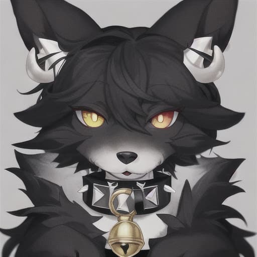  a furry with just black fur, 4 eyes, red pupils and yellow eyes, big ears and a spiked collar with a white bell in the collar