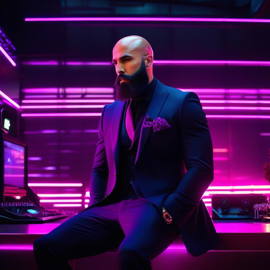  neonpunk style bald and bearded in black suit . cyberpunk, vaporwave, neon, vibes, vibrant, stunningly beautiful, crisp, detailed, sleek, ultramodern, magenta highlights, dark purple shadows, high contrast, cinematic, ultra detailed, intricate, professional hyperrealistic, full body, detailed clothing, highly detailed, cinematic lighting, stunningly beautiful, intricate, sharp focus, f/1. 8, 85mm, (centered image composition), (professionally color graded), ((bright soft diffused light)), volumetric fog, trending on instagram, trending on tumblr, HDR 4K, 8K