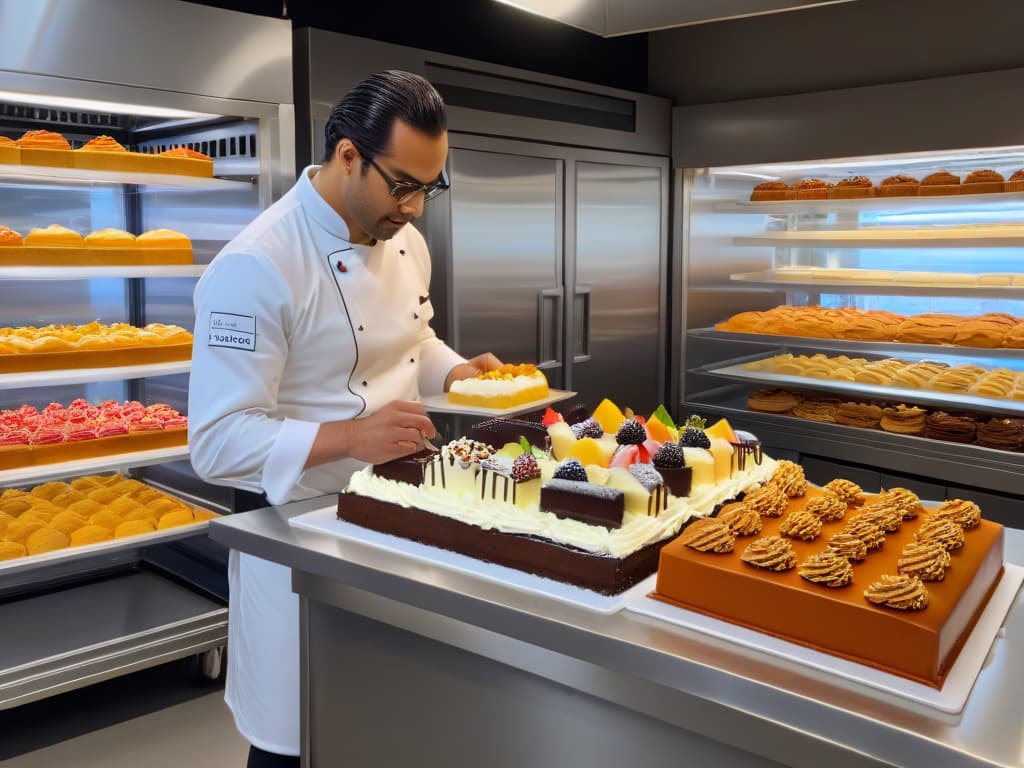  An ultradetailed photorealistic image of a modern commercial kitchen with sleek stainless steel refrigerators and freezers filled with a colorful array of exquisite desserts such as decadent cakes, delicate pastries, and artisanal ice creams. The lighting in the kitchen is soft and warm, highlighting the intricate details of the desserts and the sophisticated design of the refrigeration units. A professional pastry chef is seen in the background, carefully inspecting a beautifully decorated cake, adding a touch of creativity and inspiration to the scene. hyperrealistic, full body, detailed clothing, highly detailed, cinematic lighting, stunningly beautiful, intricate, sharp focus, f/1. 8, 85mm, (centered image composition), (professionally color graded), ((bright soft diffused light)), volumetric fog, trending on instagram, trending on tumblr, HDR 4K, 8K