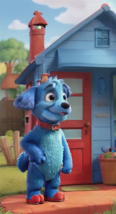  {Max the big blue dog standing in front of a cozy little house with a red door, The big blue dog is large with sky blue fur, big round eyes, a black nose, and floppy ears.