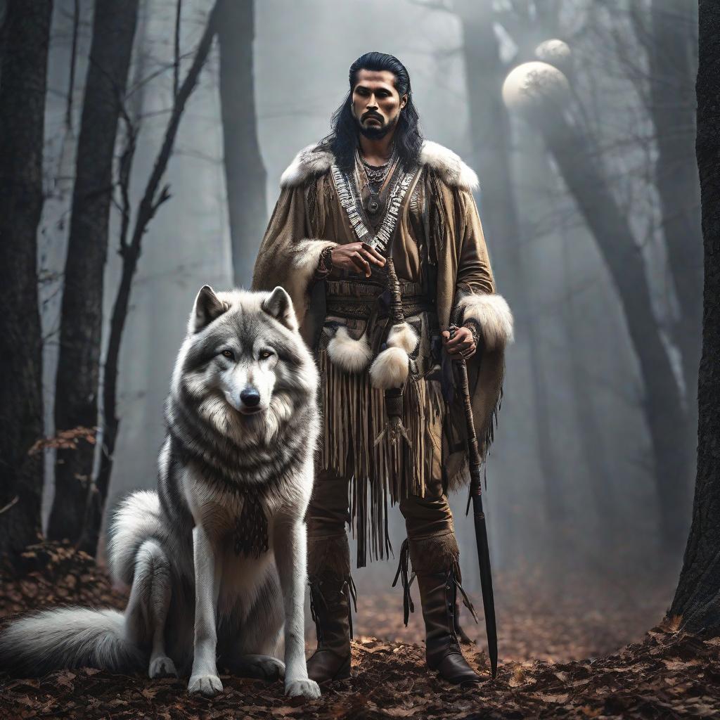  Hombre Lobo con penacho de indio pluma blanca en bosque con luna llena hyperrealistic, full body, detailed clothing, highly detailed, cinematic lighting, stunningly beautiful, intricate, sharp focus, f/1. 8, 85mm, (centered image composition), (professionally color graded), ((bright soft diffused light)), volumetric fog, trending on instagram, trending on tumblr, HDR 4K, 8K